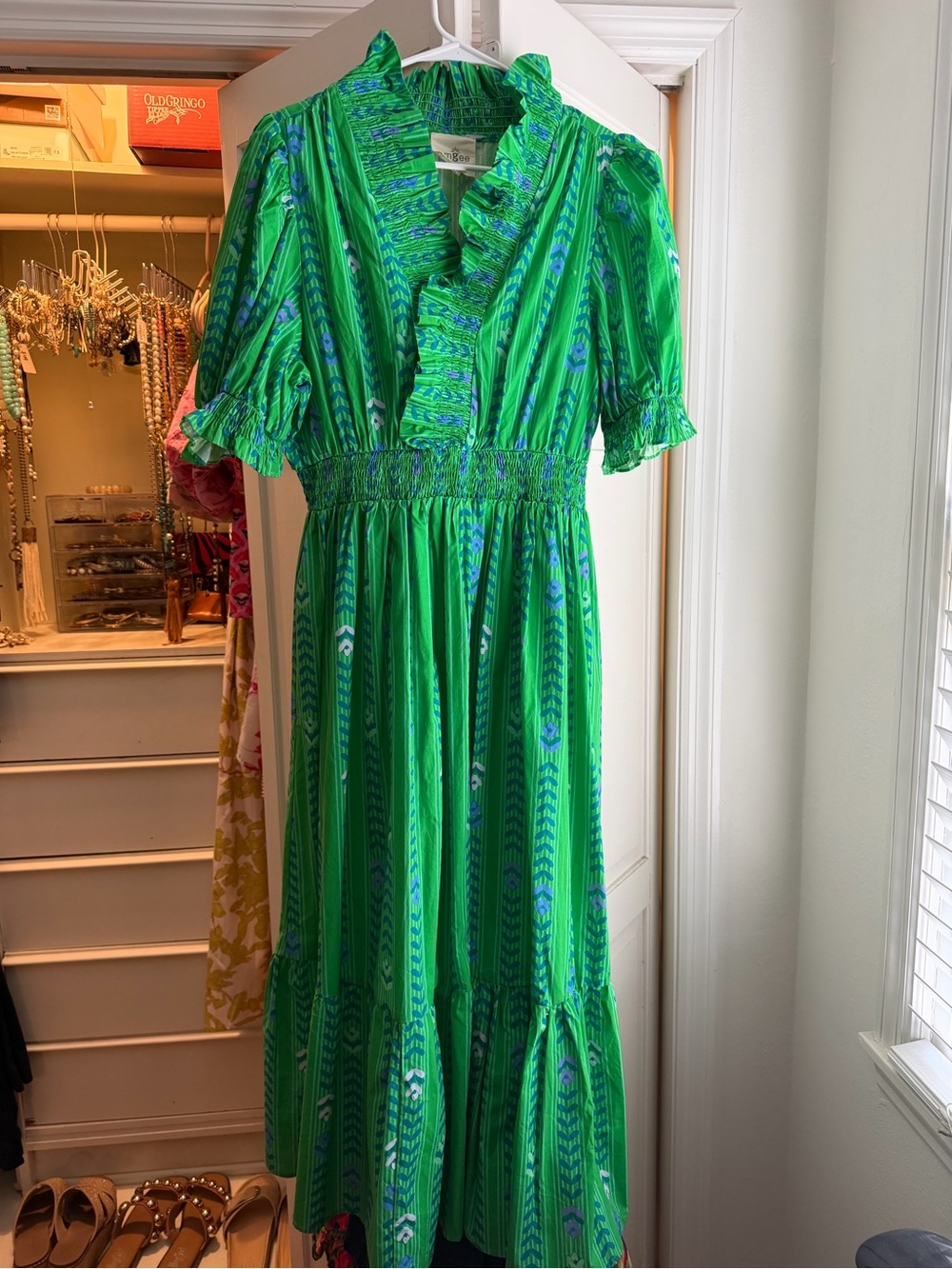 Umgee Bright Green Maxi Dress with Blue Accents